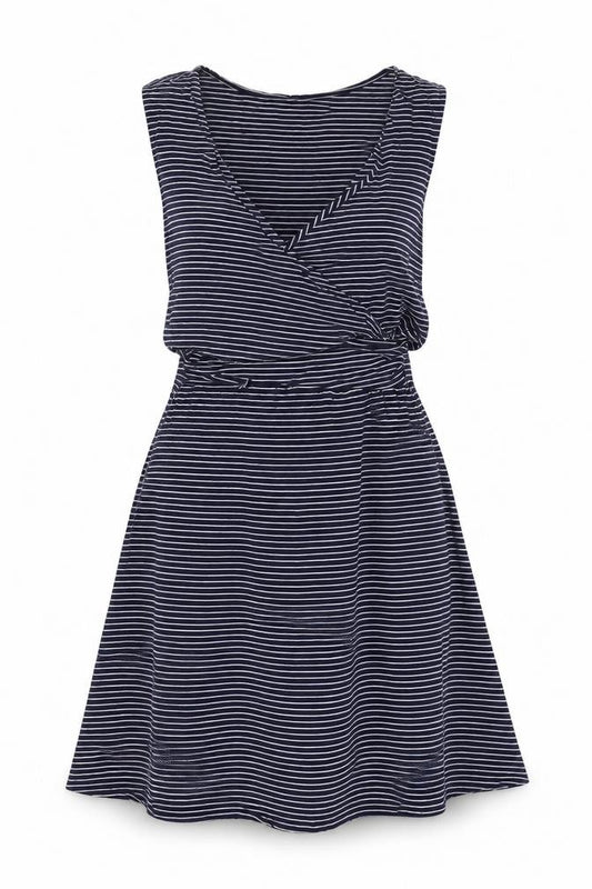 Front view of Gap women’s blue striped viscose a-line, size L, v-neck pullover