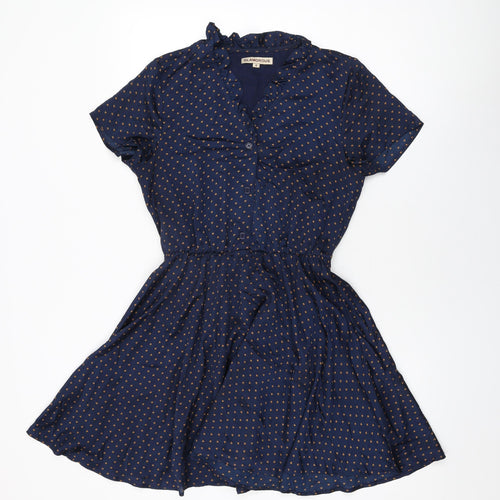 Glamorous Womens Blue Geometric Polyester Skater Dress Size 8 V-Neck Button