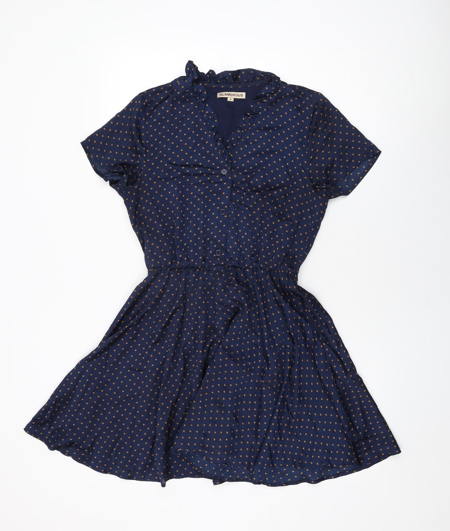 Glamorous Womens Blue Geometric Polyester Skater Dress Size 8 V-Neck Button