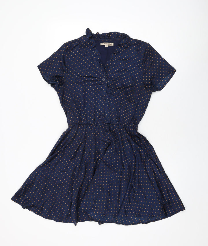 Glamorous Womens Blue Geometric Polyester Skater Dress Size 8 V-Neck Button