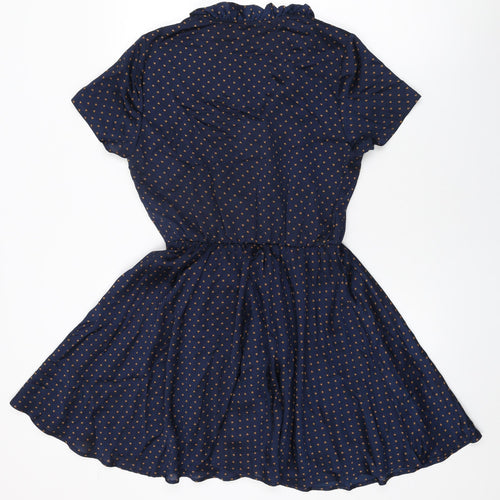 Glamorous Womens Blue Geometric Polyester Skater Dress Size 8 V-Neck Button
