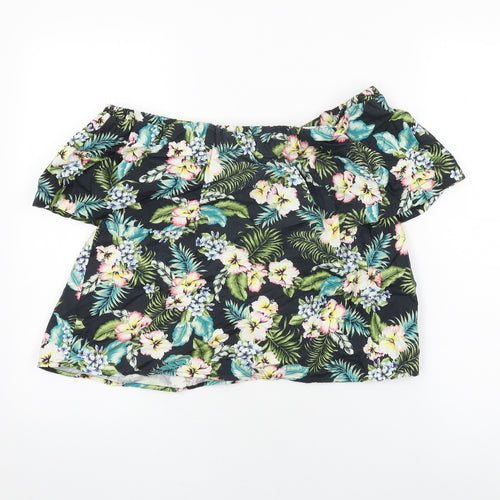 Topshop Womens Black Floral Cotton Basic T-Shirt Size 8 Off the Shoulder