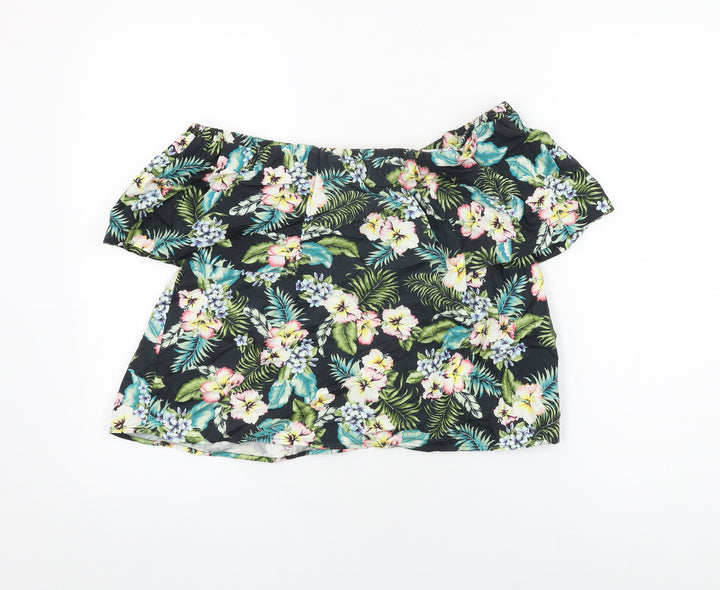 Topshop Womens Black Floral Cotton Basic T-Shirt Size 8 Off the Shoulder