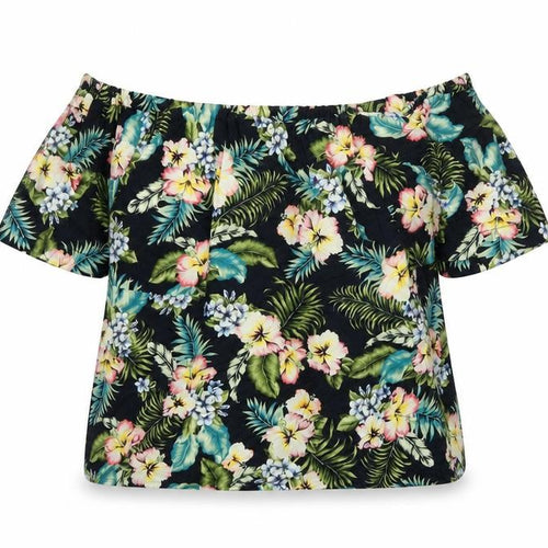 Topshop Womens Black Floral Cotton Basic T-Shirt Size 8 Off the Shoulder