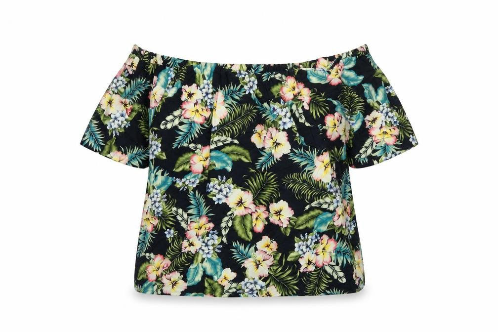 Topshop Womens Black Floral Cotton Basic T-Shirt Size 8 Off the Shoulder