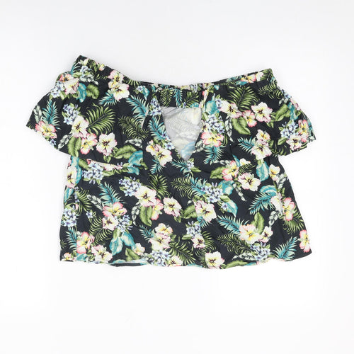 Topshop Womens Black Floral Cotton Basic T-Shirt Size 8 Off the Shoulder