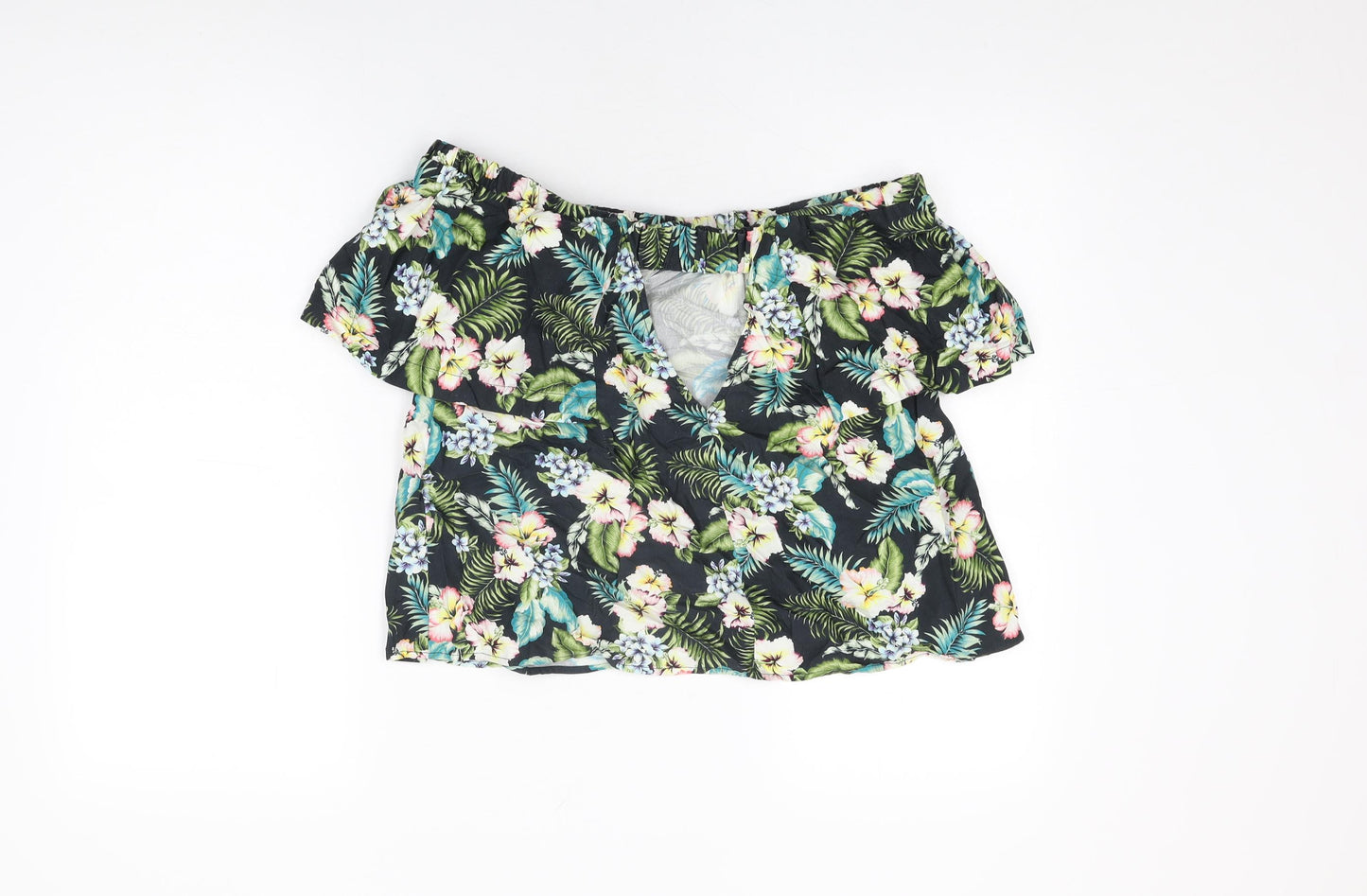 Topshop Womens Black Floral Cotton Basic T-Shirt Size 8 Off the Shoulder