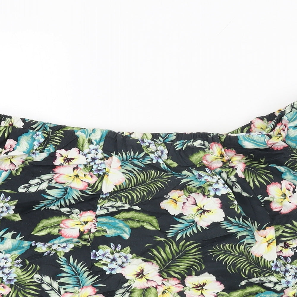 Topshop Womens Black Floral Cotton Basic T-Shirt Size 8 Off the Shoulder