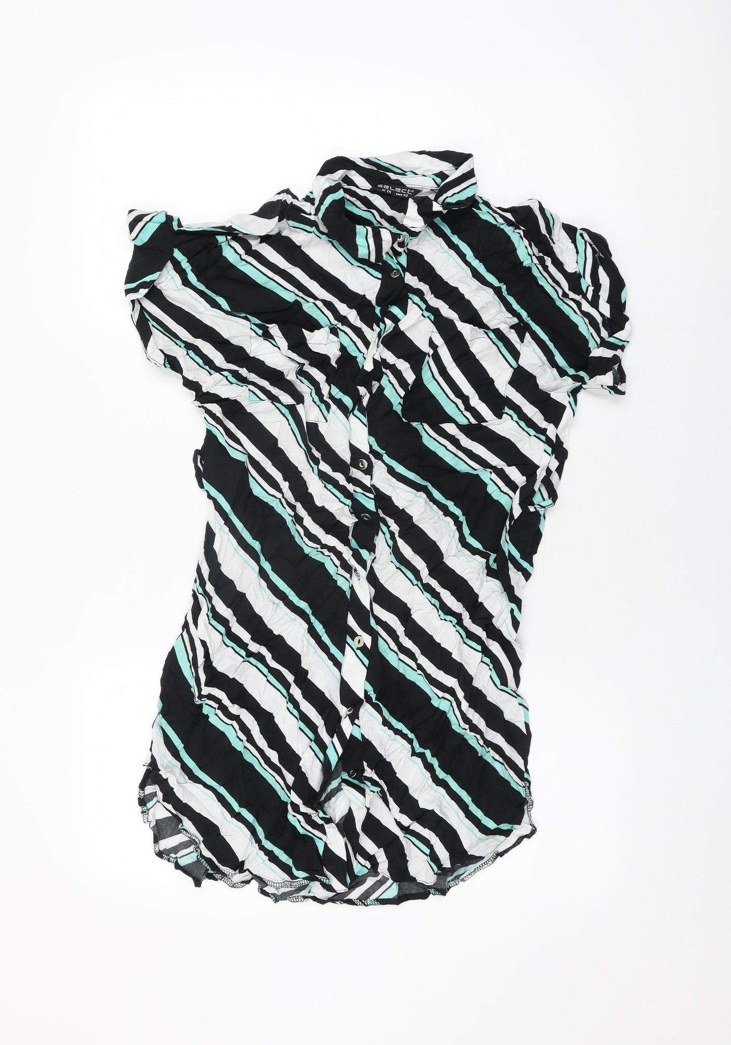 Select Womens Black Striped Viscose Basic Button-Up Size 14 Collared