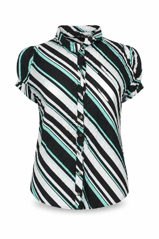 Front view of Select women’s black striped viscose basic button-up, size UK 14, collared
