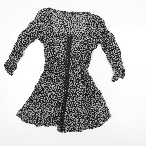 Motel Womens Black Floral Viscose Skater Dress Size XS Square Neck Hook & Eye