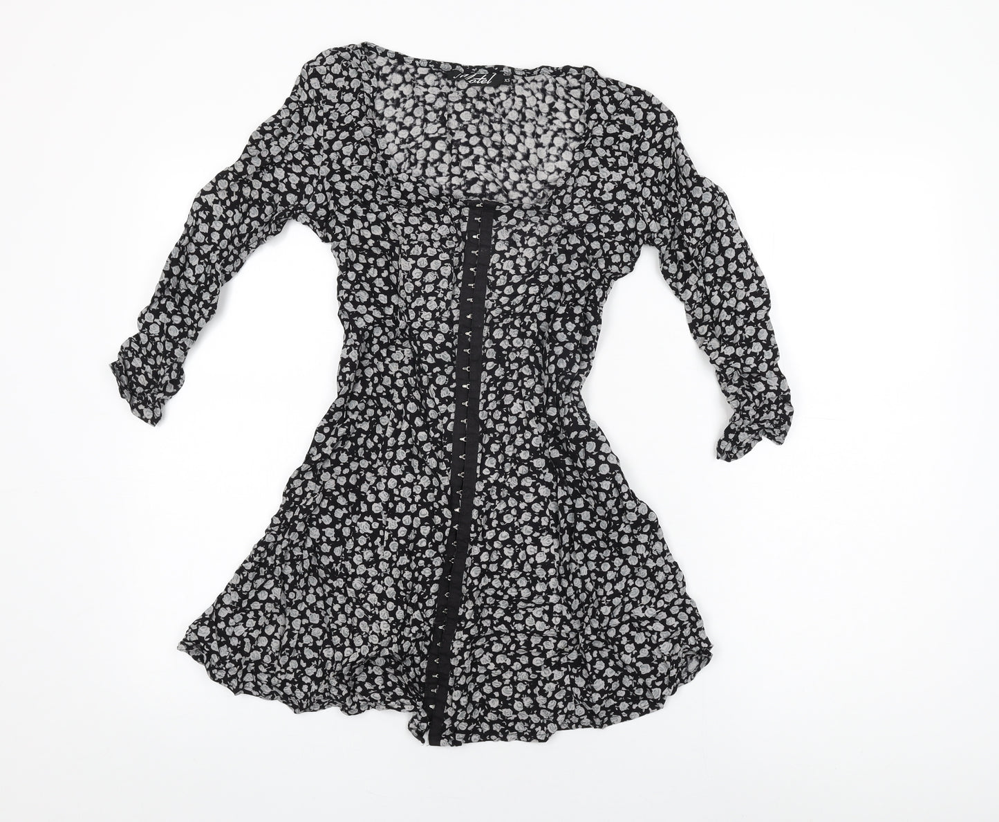 Motel Womens Black Floral Viscose Skater Dress Size XS Square Neck Hook & Eye