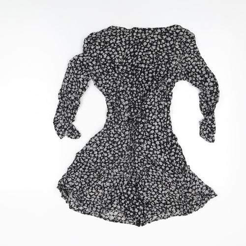Motel Womens Black Floral Viscose Skater Dress Size XS Square Neck Hook & Eye
