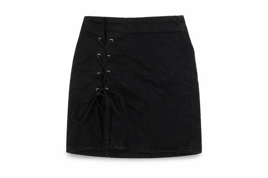 Front view of Denim Co women’s black cotton mini skirt, size UK 4, zip
