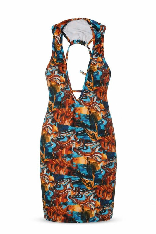 Front view of PRETTYLITTLETHING women’s multicoloured geometric polyester bodycon, size UK 12, v-neck tie