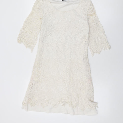 Izabel London Womens White Floral Polyester Mini Size 8 Round Neck Lace Up