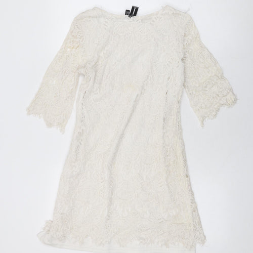 Izabel London Womens White Floral Polyester Mini Size 8 Round Neck Lace Up