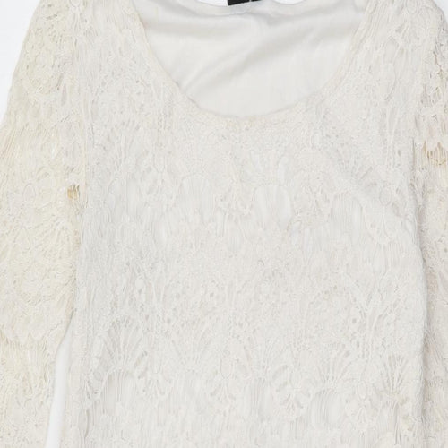Izabel London Womens White Floral Polyester Mini Size 8 Round Neck Lace Up