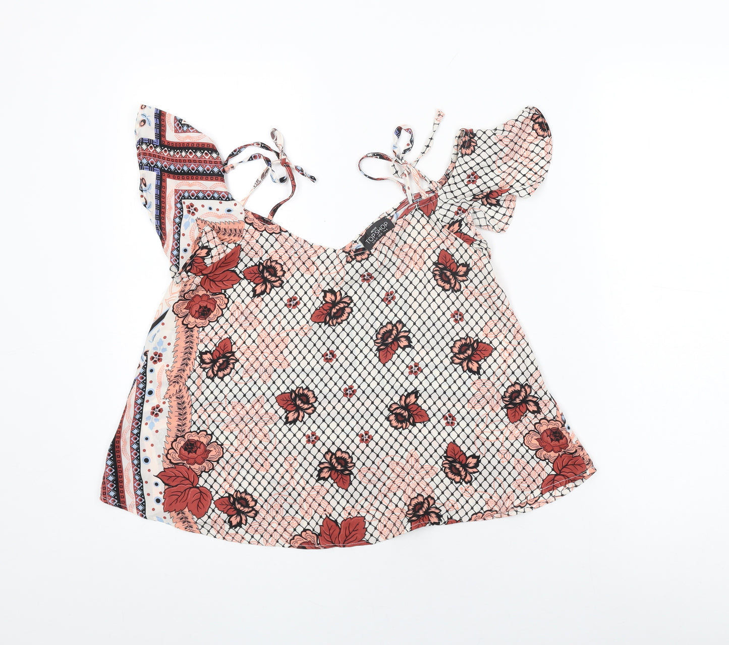 Topshop Womens White Floral Polyester Basic T-Shirt Size 4 V-Neck