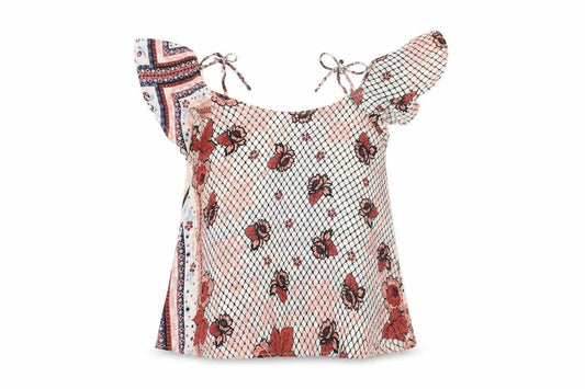 Front view of Topshop women’s white floral polyester basic t-shirt, size UK 4, v-neck