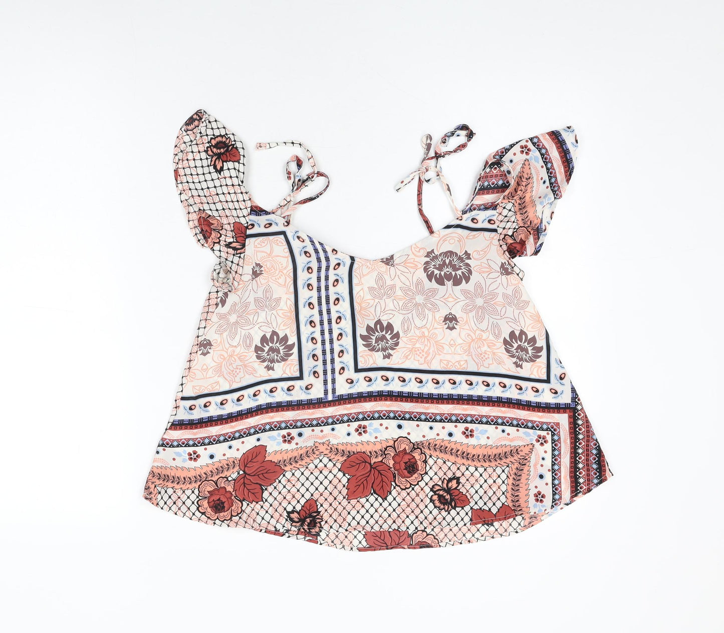 Topshop Womens White Floral Polyester Basic T-Shirt Size 4 V-Neck