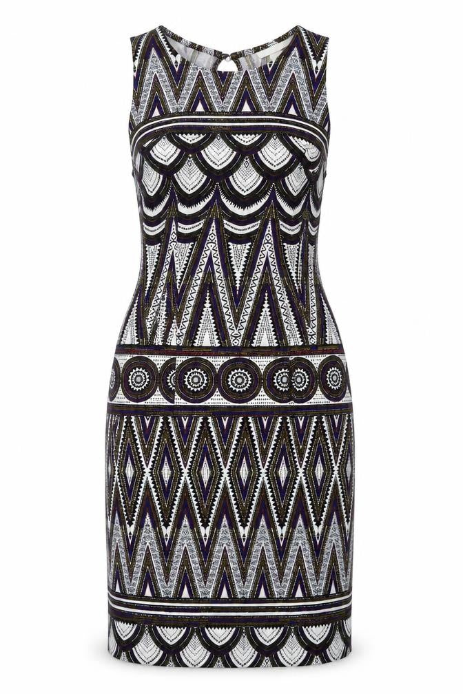 Front view of H&M women’s multicoloured geometric polyester bodycon, size XS, round neck