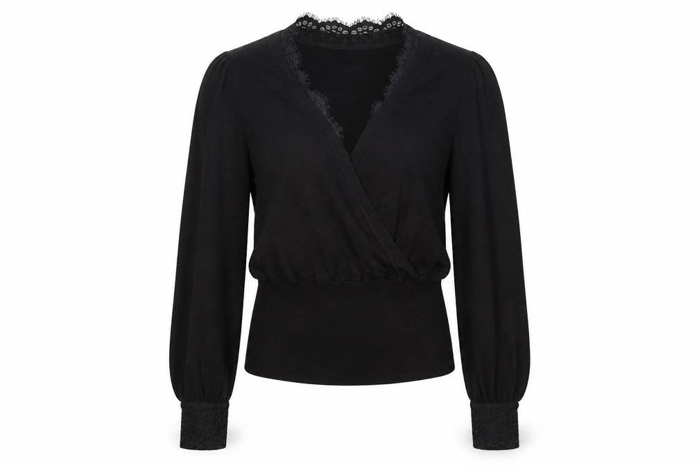Front view of Oasis women’s black viscose jersey blouse, size S, v-neck