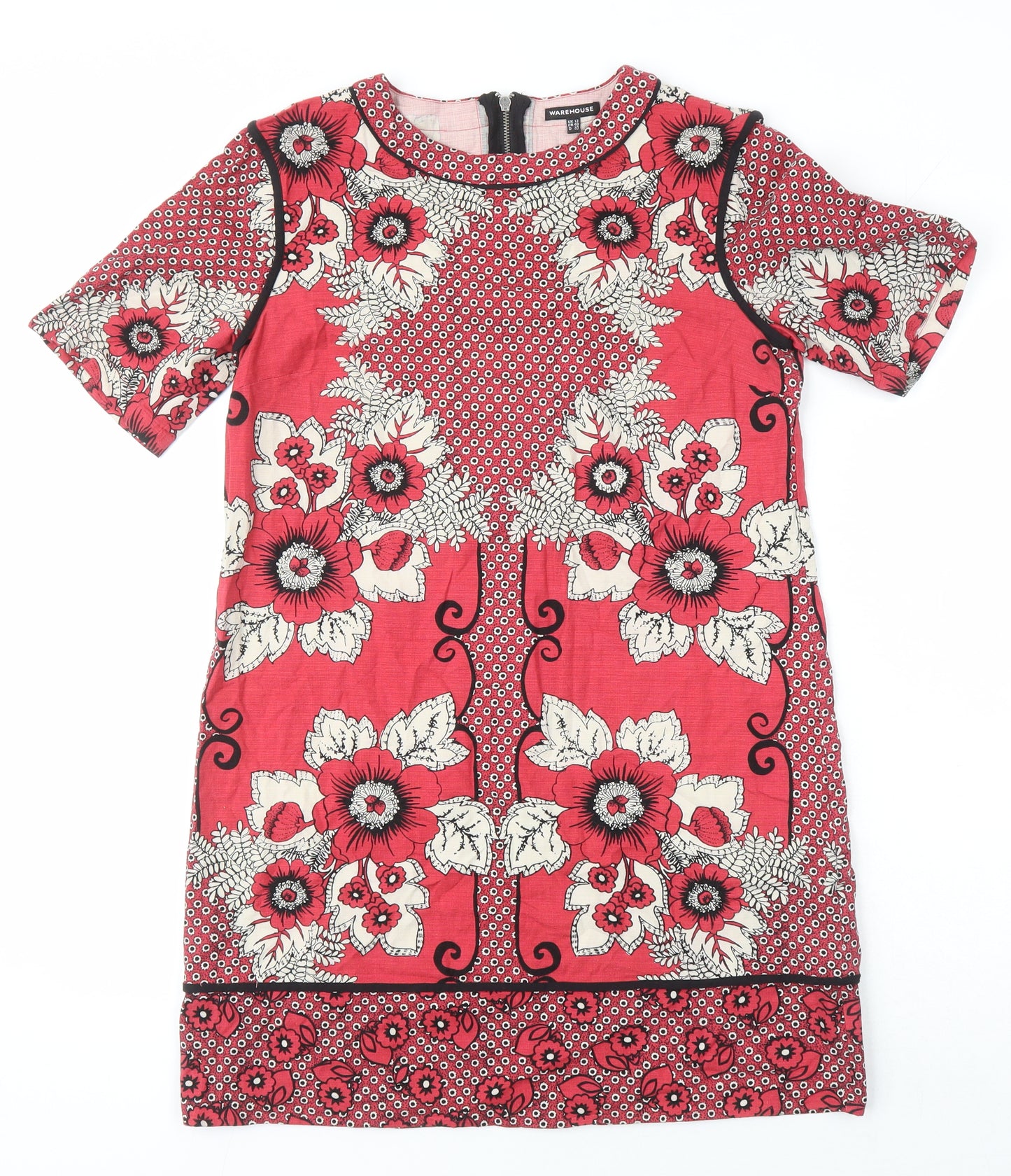 Warehouse Womens Ivory Floral Chlorofibre Shift Size 12 Boat Neck