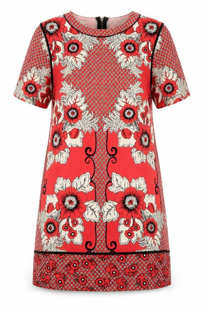 Front view of Warehouse women’s ivory floral chlorofibre shift, size UK 12, boat neck