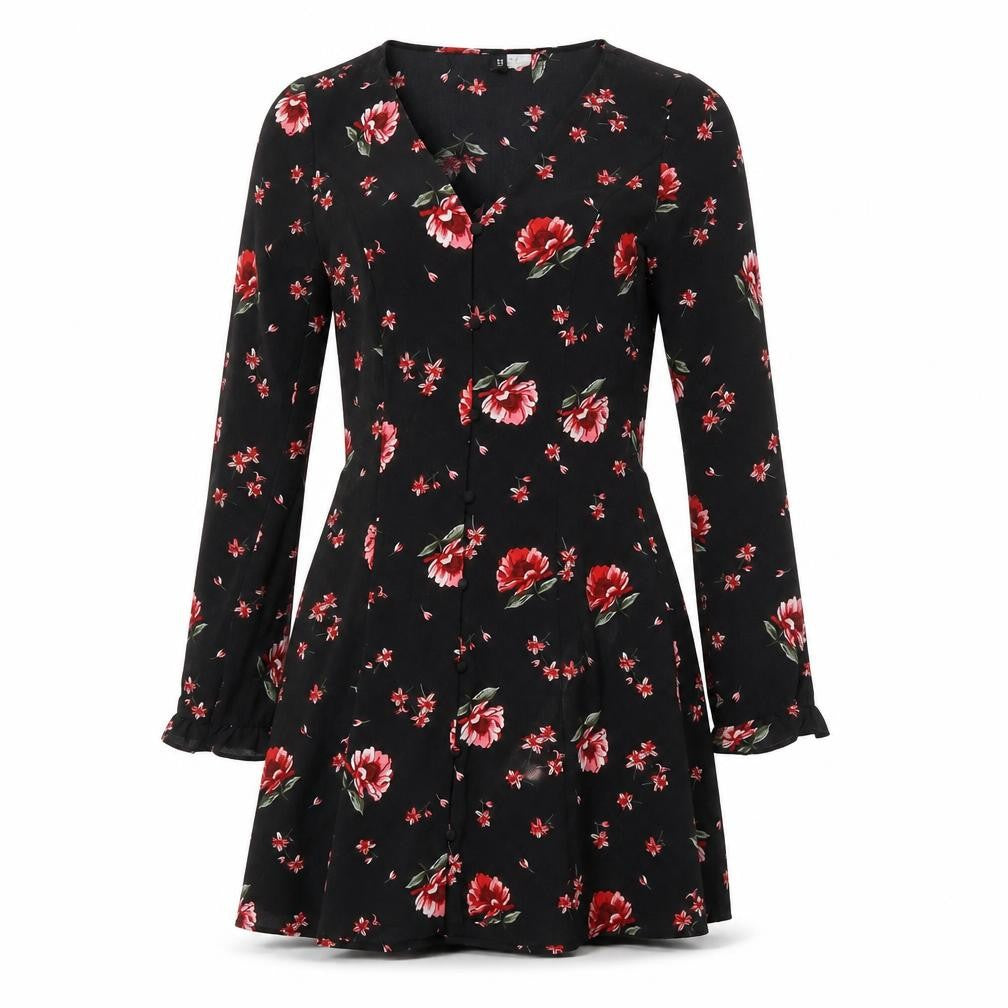 Front view of H&M women’s multicoloured floral polyester a-line, size UK 8, v-neck