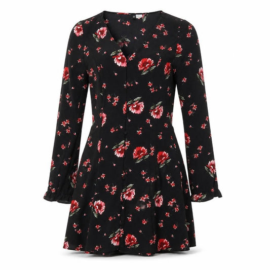 Front view of H&M women’s multicoloured floral polyester a-line, size UK 8, v-neck