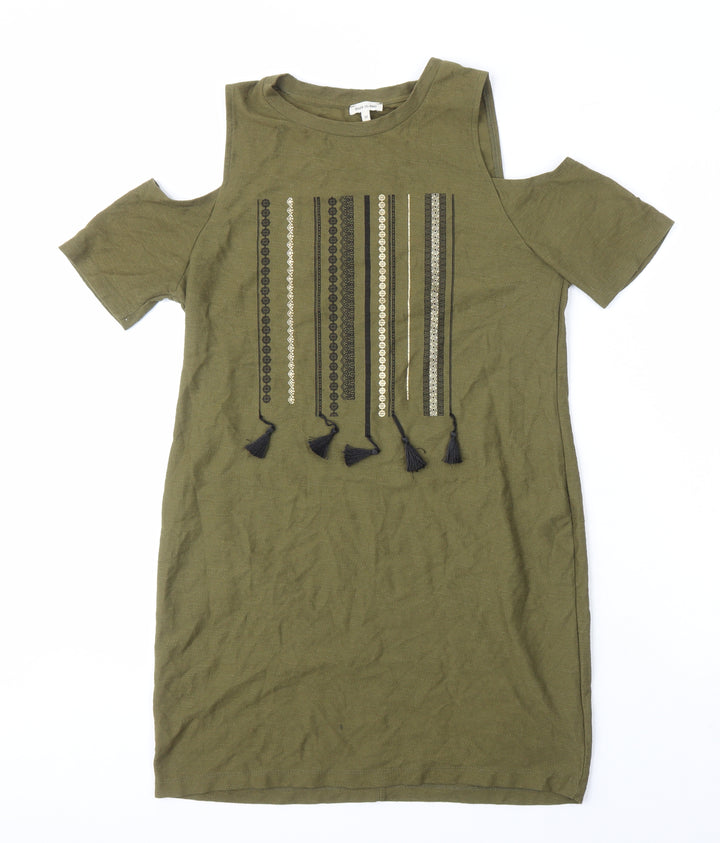 River Island Womens Green Geometric Cotton Shift Size 10 Round Neck - Cold shoulder
