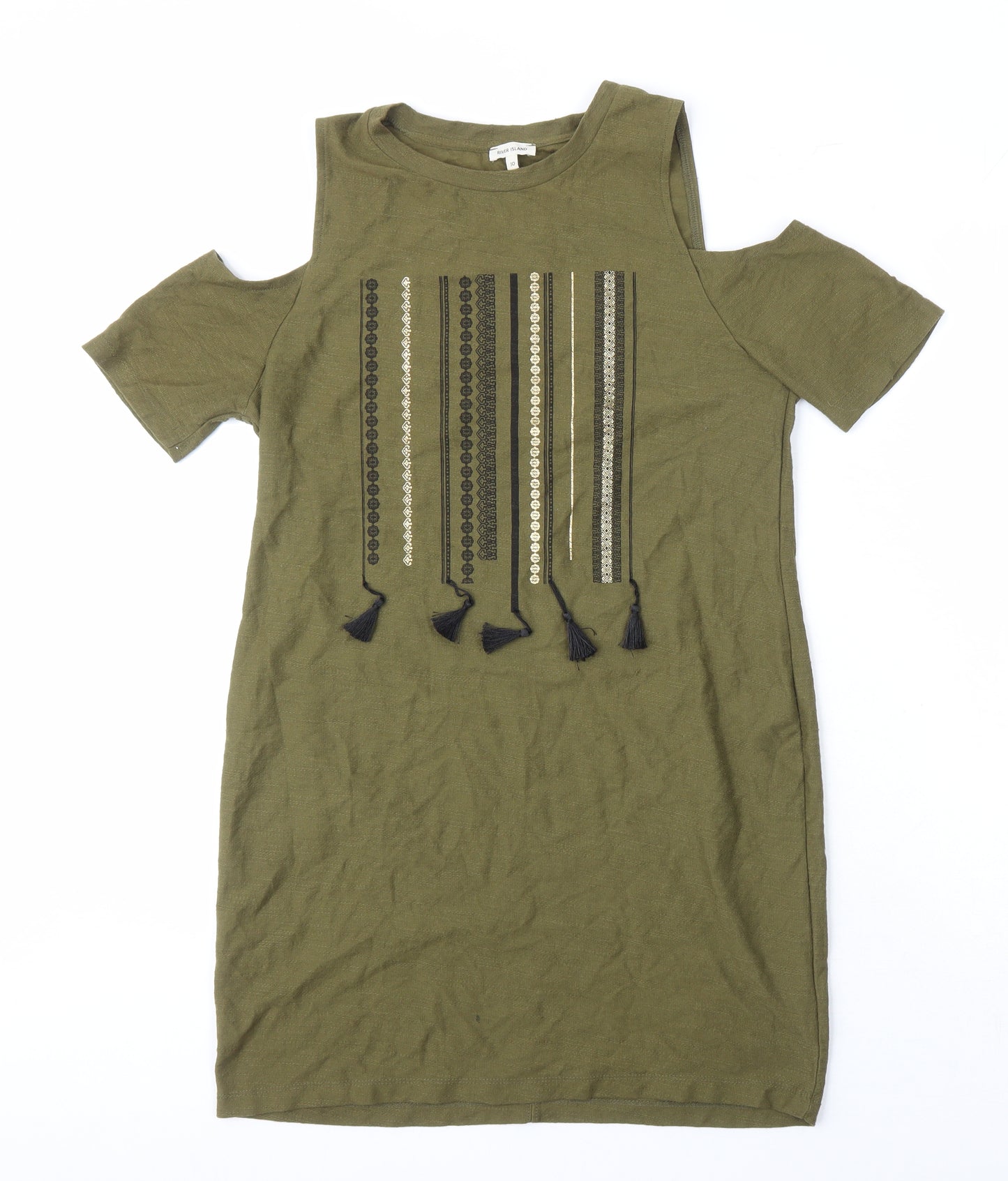 River Island Womens Green Geometric Cotton Shift Size 10 Round Neck - Cold shoulder