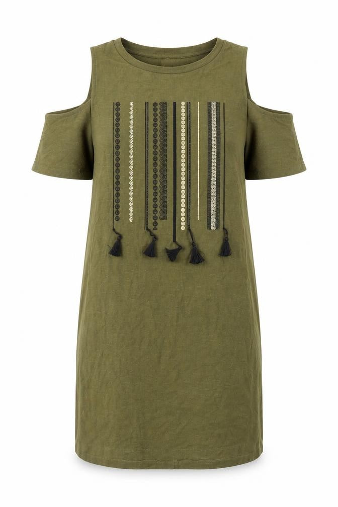 Front view of River Island women’s green geometric cotton shift, size UK 10, round neck - cold shoulder