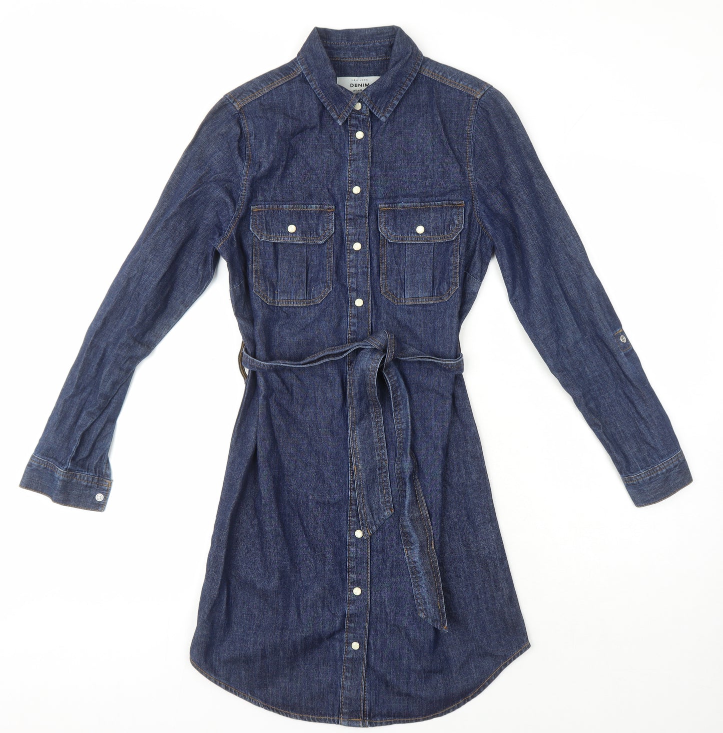 New Look Womens Blue 100% Cotton Shirt Dress Size 6 Collared