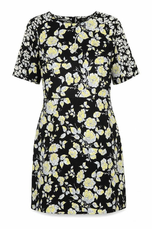 Front view of Oasis women’s multicoloured floral polyester skater dress, size UK 10, round neck