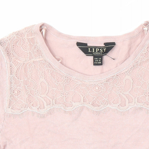 Lipsy Womens Pink Round Neck Herringbone Viscose Pullover Jumper Size 12 - Lace detailing