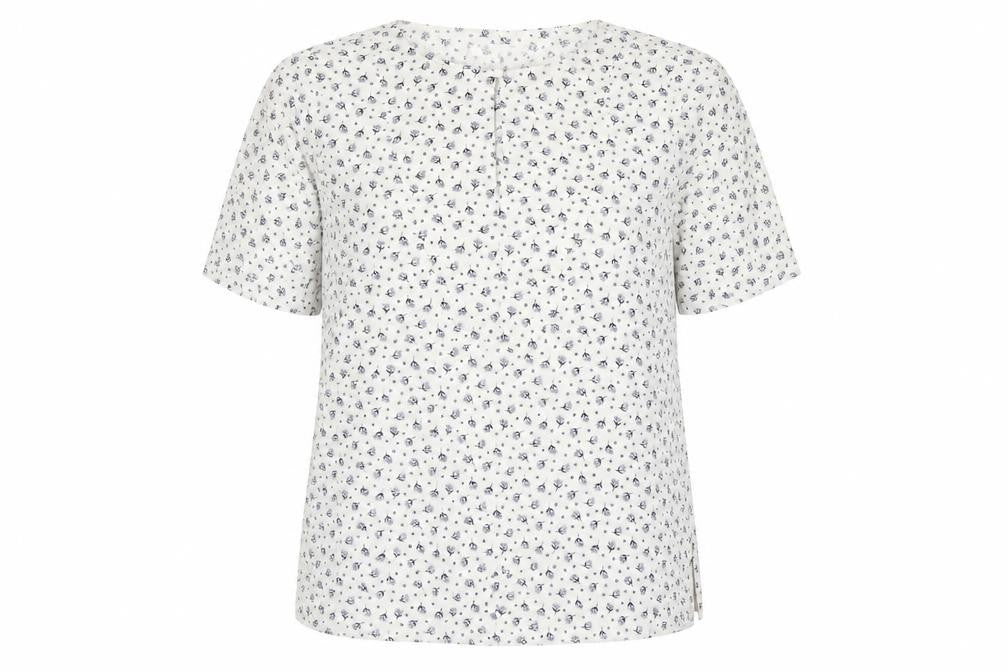 Front view of Marks & Spencer women’s multicoloured floral polyester tunic blouse, size UK 12, round neck