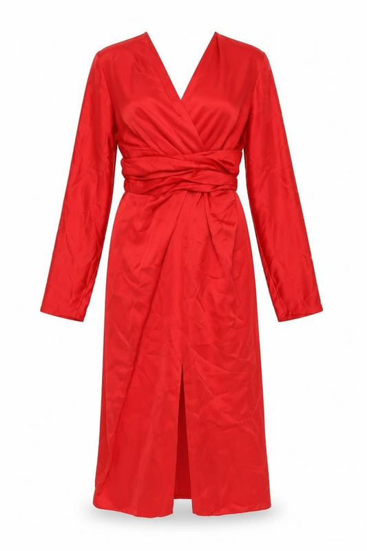Front view of ASOS women’s red polyester a-line, size UK 14, v-neck zip