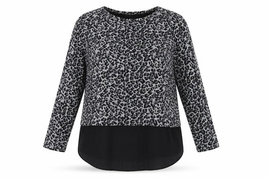 Front view of Oasis women’s grey animal print polyester basic t-shirt, size L, round neck
