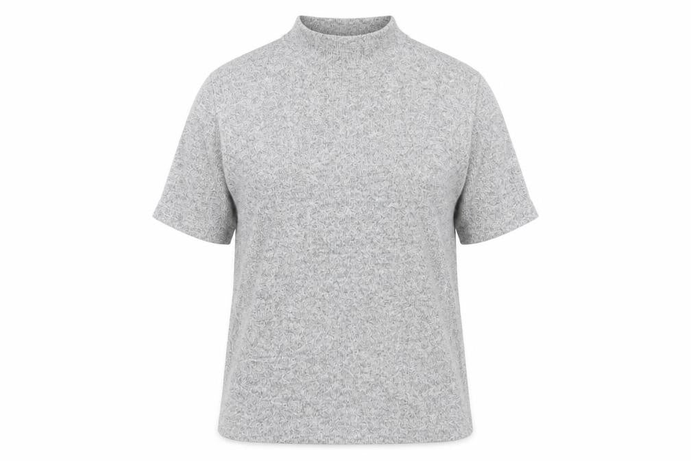 Front view of Marks & Spencer women’s grey viscose basic t-shirt, size UK 14, mock neck