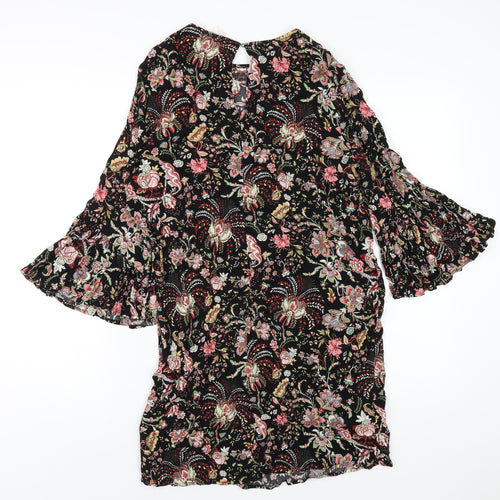 H&M Womens Black Geometric Viscose A-Line Size 12 Round Neck Button