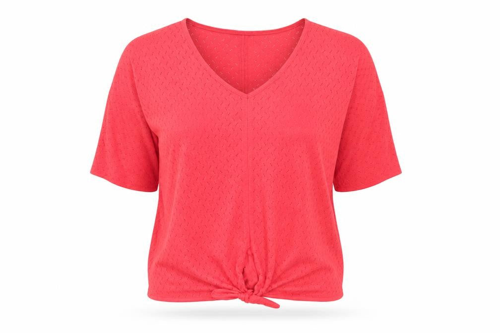 Front view of Bonmarché women’s red nylon basic t-shirt, size L, v-neck