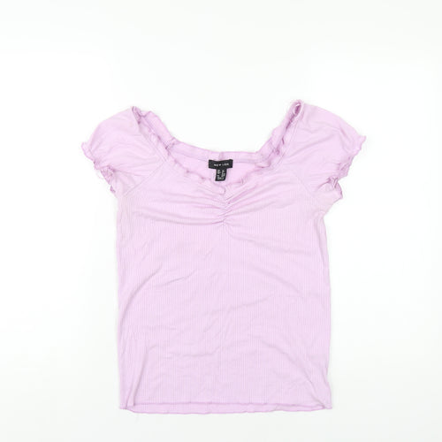 New Look Womens Purple Polyester Basic T-Shirt Size 12 Boat Neck
