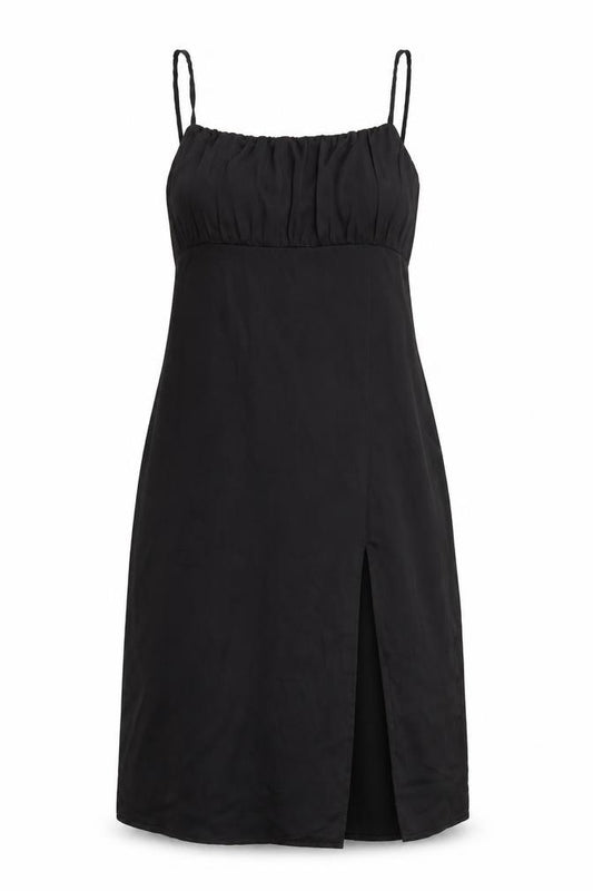 Front view of H&M women’s black polyester a-line, size UK 14, square neck zip