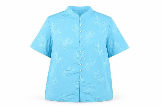 Front view of Bonmarché women’s blue polyester basic button-up, size UK 22, mock neck