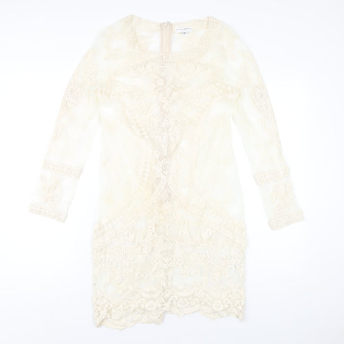 Almost Famous Womens Ivory Cotton A-Line Size 8 Round Neck Zip