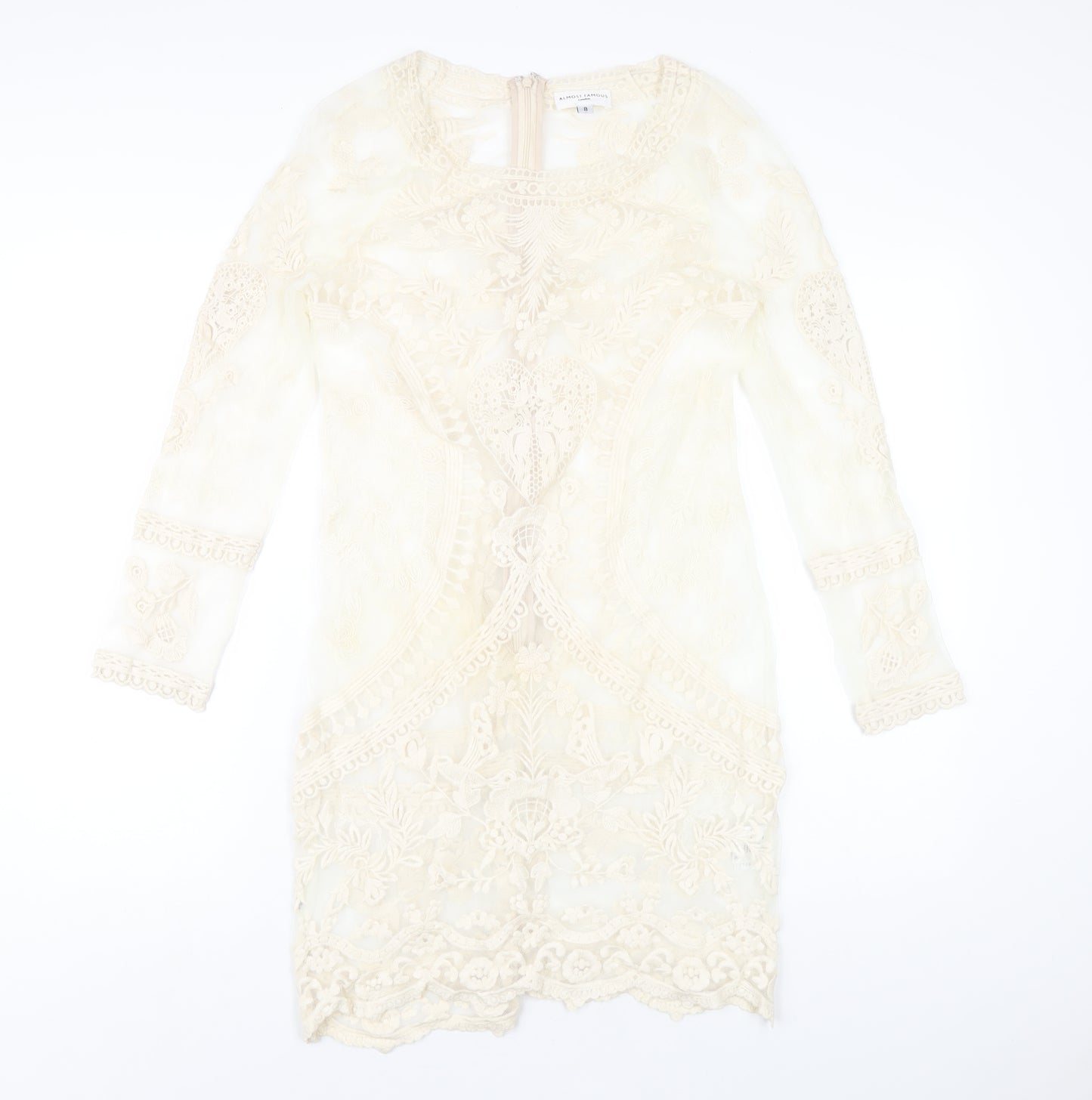 Almost Famous Womens Ivory Cotton A-Line Size 8 Round Neck Zip