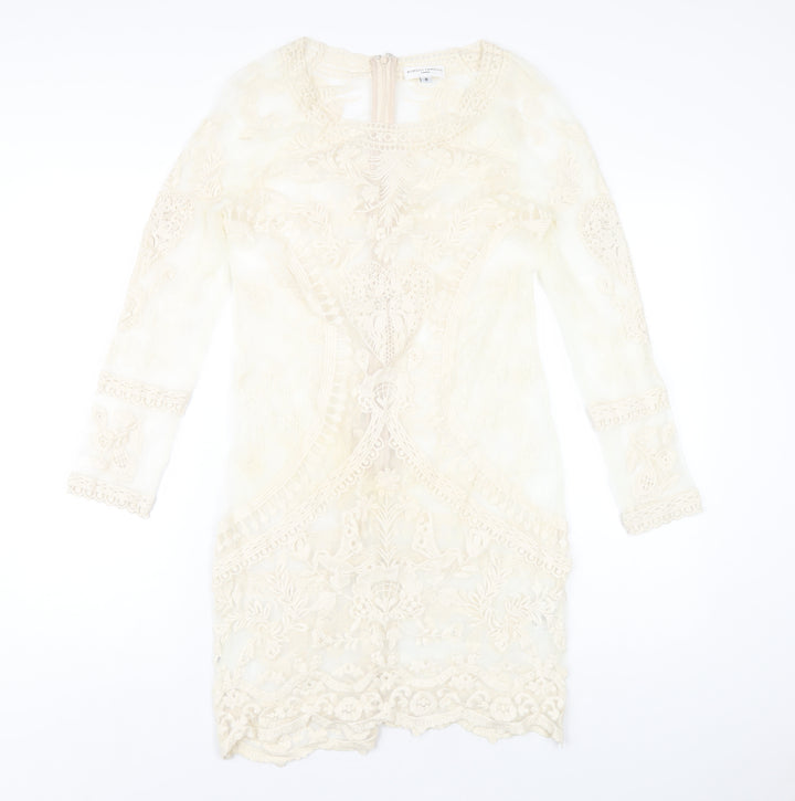 Almost Famous Womens Ivory Cotton A-Line Size 8 Round Neck Zip