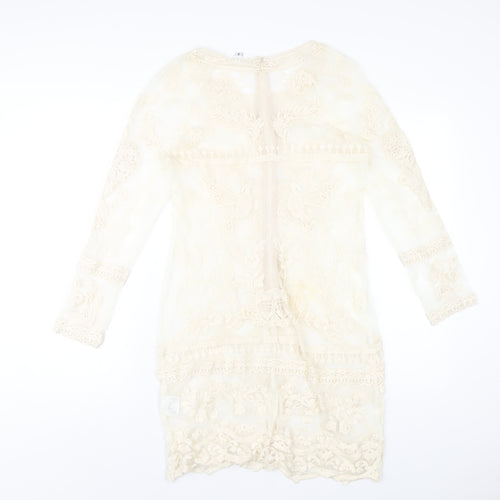 Almost Famous Womens Ivory Cotton A-Line Size 8 Round Neck Zip
